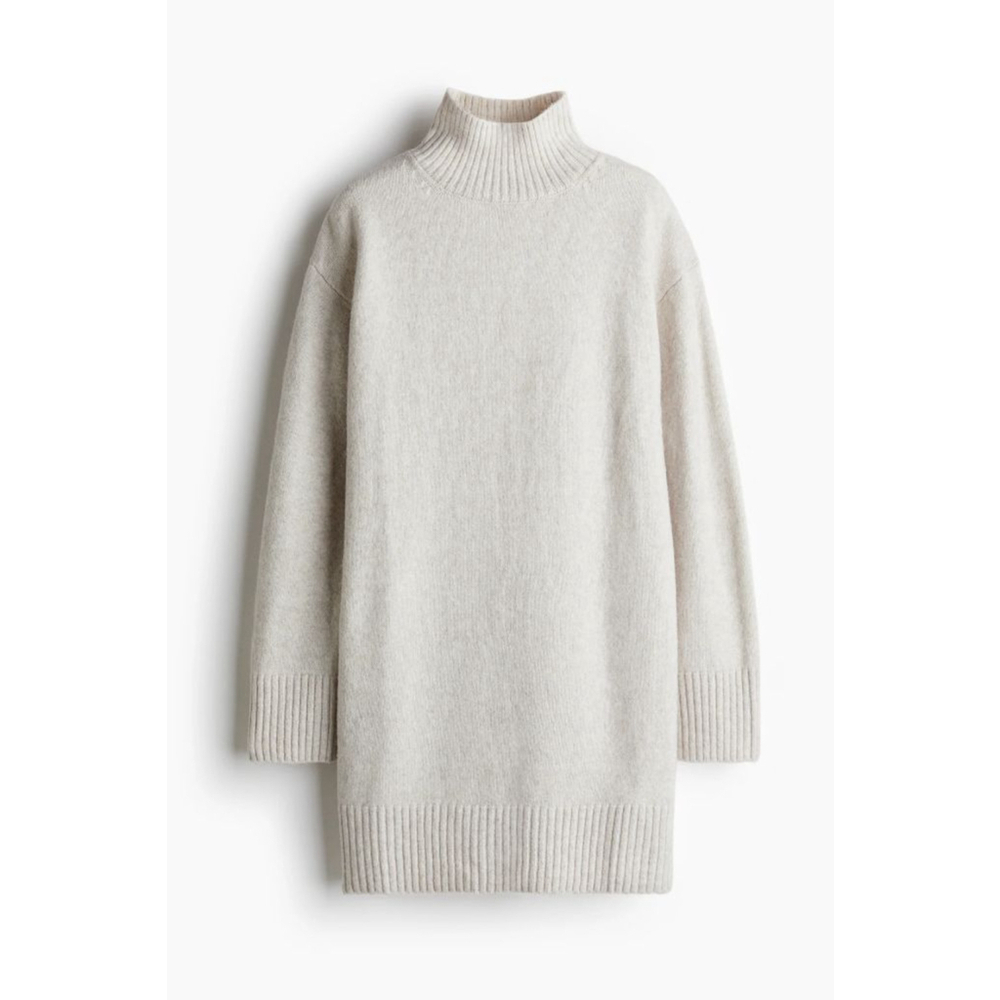 H&M Mock Turtleneck Knit Sweater Dress with Ribbed Accents & Side Slits in Ivory